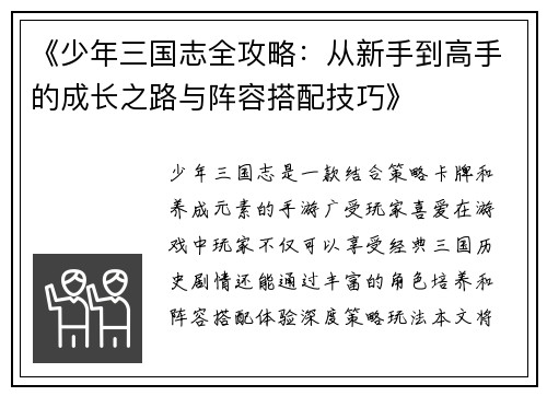 《少年三国志全攻略：从新手到高手的成长之路与阵容搭配技巧》